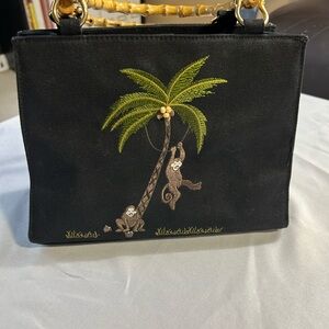 Tiannl Black Tote with Palm Tree Monkey Tropical Tiki Embroidery